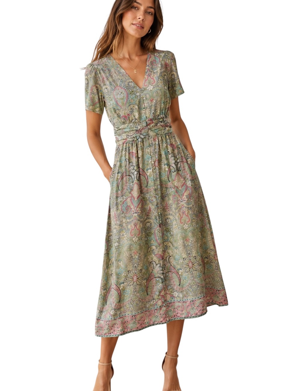 Anthropologie Boemo Paisley Print Short Sleeve A-Line Midi Dress - XL